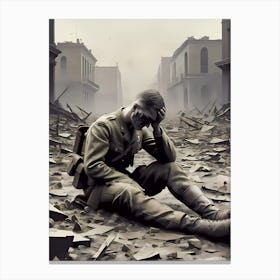 Desperate Soldier In The Ruins Canvas Print