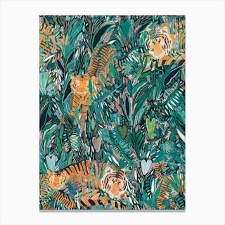 Watercolour Green Jungle With Sleeping Tigers  Canvas Print