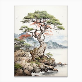 Amanohashidate In Kyoto, Japanese Brush Painting, Ukiyo E, Minimal 7 Canvas Print