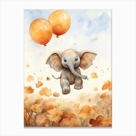 Elephant Flying With Autumn Fall Pumpkins And Balloons Watercolour Nursery 6 Canvas Print