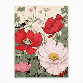 Japanese Anenome And Bird Vintage Japanese Botanical Canvas Print