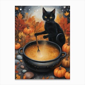 Blessed Samhain ~ Black Cat Stirring Pumpkin Soup on Halloween by Sarah Valentine Canvas Print