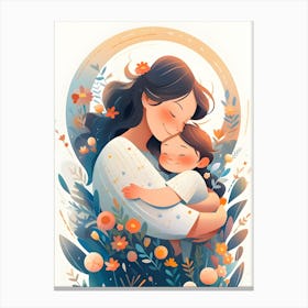 Mother and Child Illustration – Heartwarming Floral Art for Home Decor Canvas Print