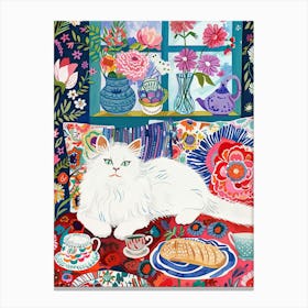 Tea Time With A White Fluffy Cat 3 Canvas Print