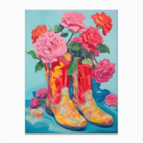 Oil Painting Of Roses Flowers And Cowboy Boots, Oil Style 3 Canvas Print