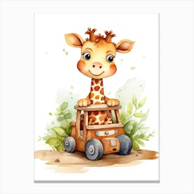 Baby Giraffe On Toy Car, Watercolour Nursery 1 Canvas Print
