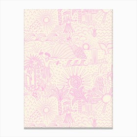 Hawaiian Toile Polynesian Hula Dance Tropical Landscape Pastel Pink Cream White Canvas Print