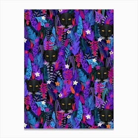 Black Panther in the Jungle - Wild Cat Maximalist Vibrant Blue Purple Rain Forest Canvas Print