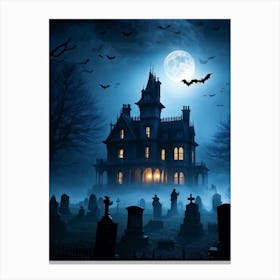 Frightened Souls Hovering Over A Victorian Mansion On A Dark Halloween Night Silhouetted Against A (1) Canvas Print