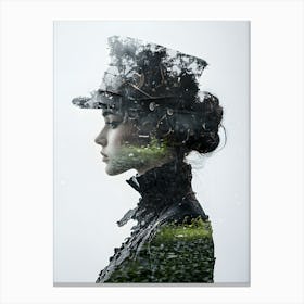 Double Exposure Of A Black And White Steampunk Woman and greenery. Canvas Print