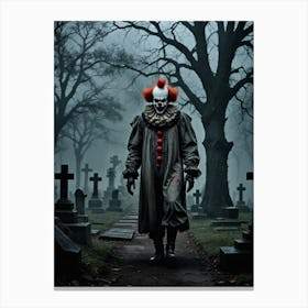 Tombstone Terror: The Clown’s Midnight Watch Freaky Clown In Cemetery Canvas Print