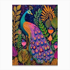 Folky Floral Peacock With The Plants 3 Canvas Print