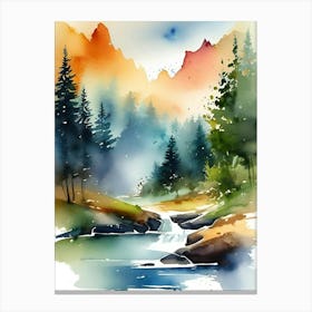 Watercolor Of A Mountain Stream Canvas Print