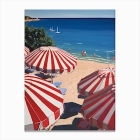 Striped Red And White Beach Umbrellas In Italy Canvas Print