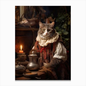 Realistic Cat As A Cook In A Medieval Kitchen Canvas Print