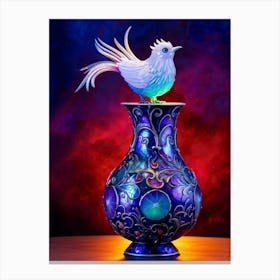 Bird With Radiant Iridescent Feathers Perched On An Ornately Decorated Pot Amidst A Flow Of Vibran Canvas Print