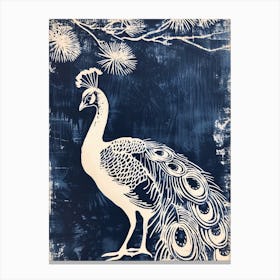 Navy & Cream Linocut Inspired Peacock In The Plants 5 Canvas Print