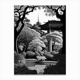 Shinjuku Gyoen National Garden, Japan Linocut Black And White Vintage Canvas Print