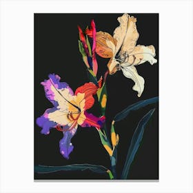 Neon Flowers On Black Gladiolus 4 Canvas Print