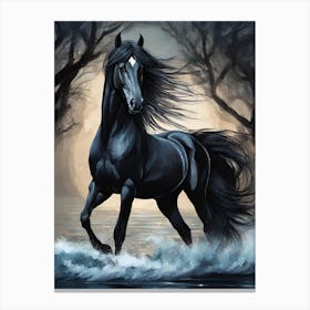 Black Horse In The Water 2 Canvas Print