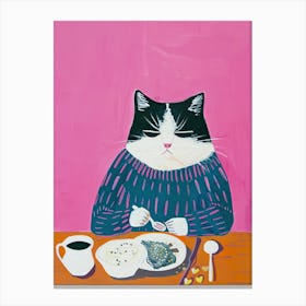 Black And White Cat Having Breakfast Folk Illustration 3 Canvas Print