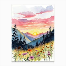 Watercolor Of Mountains And Flowers Canvas Print