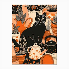 Black Cat In Pots Canvas Print