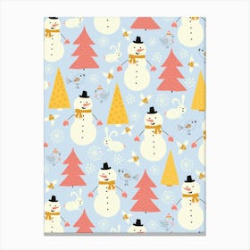 Winter Snowmen Evergreen Doodle Forest Yellow, Pink, and Light Blue Canvas Print