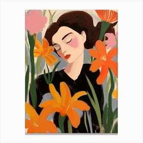 Woman With Autumnal Flowers Gladiolus 3 Canvas Print