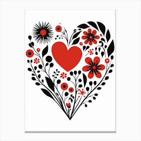 Folky Heart Linocut Style Black Red & White 2 Canvas Print