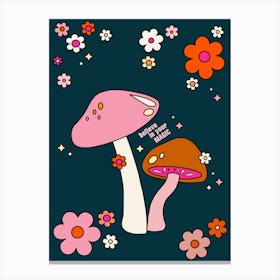 Retro 70s Mushrooms And Flowers Navy Blue Canvas Print