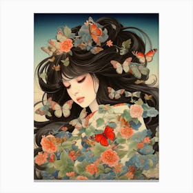 Butterflies With Peonies In Hair Of A Girl Canvas Print