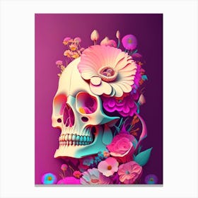Skull With Psychedelic 3 Patterns Pink Vintage Floral Canvas Print