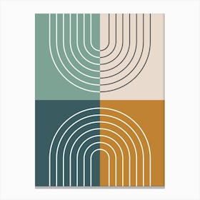 Abstract Rainbow Line and Colour Blocks I in Gold Beige Forest Sage Green, Midcentury Modern Design Canvas Print