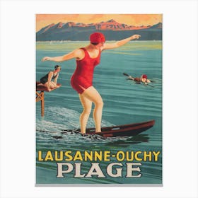 Lausanne-Ouchy Switzerland, Surfer, Paddleboard, Vintage Travel Poster Canvas Print