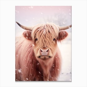 Highland Cow Snow Portrait Pink Filter 3 Canvas Print
