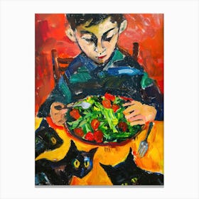 Portrait Of A Boy With Cats Eating A Salad 4 Canvas Print