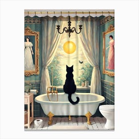 A whimsical black cat perched on a bathtub Canvas Print