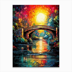River & Bridge at Sunset, Abstract Vibrant Colorful Painting in Van Gogh Style Canvas Print