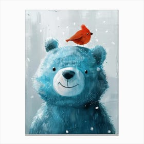 Small Joyful Bear With A Bird On Its Head 18 Canvas Print