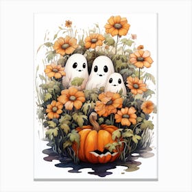 Cute Bedsheet Ghost, Botanical Halloween Watercolour 5 Canvas Print