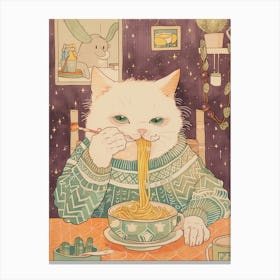 White Cat Pasta Lover Folk Illustration 1 Canvas Print