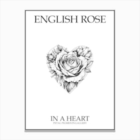 English Rose In A Heart Line Drawing 1 Poster Canvas Print