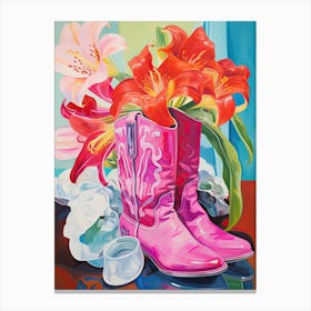 Oil Painting Of Pink And Red Flowers And Cowboy Boots, Oil Style 5 Canvas Print