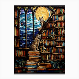 Stained Glass Mosaic Of Cats In A Library Canvas Print
