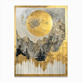 Abstract Gold, Silver And Black Painting Of Oriental Winds With Mountains And Trees, A Golden Sun And Moon Hanging On The Wall Against A White Background, With Gold Dripping From The Edges In The Style Of An Oriental Artist 1 Leinwandbild