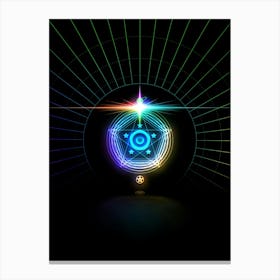 Neon Geometric Glyph in Candy Blue and Pink with Rainbow Sparkle on Black n.0222 Canvas Print