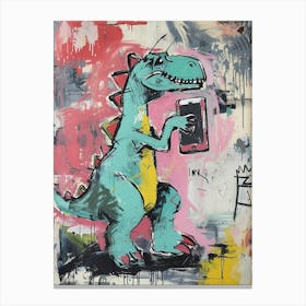 Dinosaur On The Phone Purple Graffiti Style 4 Canvas Print