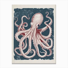 Octopus Swimming Around With Tentacles Red Navy Linocut Inspired 5 Canvas Print
