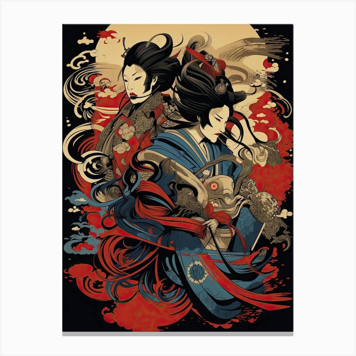 Samurai Noh And Kabuki Theater Style Illustration Canvas Print by Blade  and Brush Fy